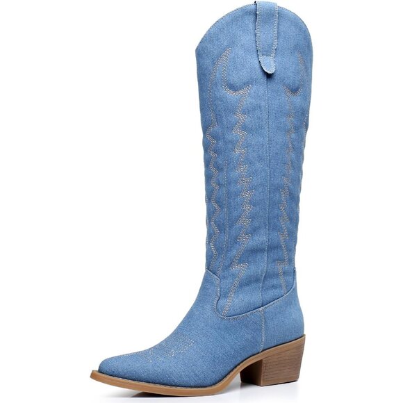 Shoes - Women's Blue Knee High Long Pointed Toe With Zip Western Cowboy Boots